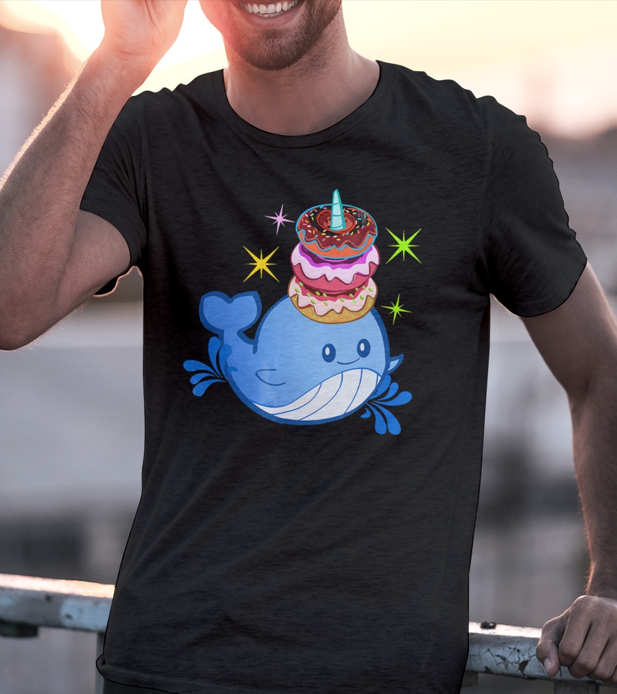 Cute Narwhal Balancing Colorful Donuts T-Shirt