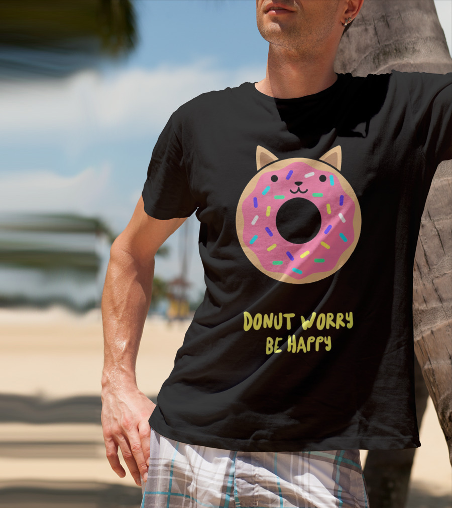 Kawaii Japanese Anime Pink Sprinkle Cat Donut Worry Be Happy T-Shirt