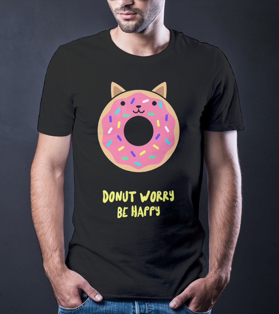Kawaii Japanese Anime Pink Sprinkle Cat Donut Worry Be Happy T-Shirt