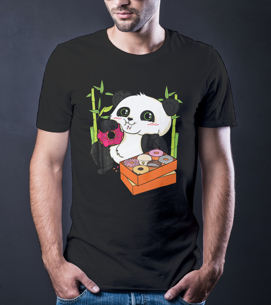 Panda Enjoying Box Of Colorful Donuts With Bamboo Background T-Shirt