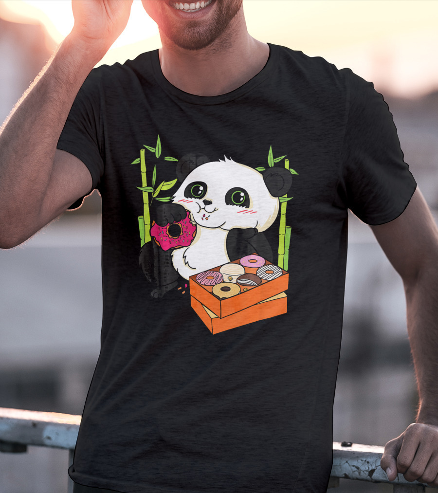 Panda Enjoying Box Of Colorful Donuts With Bamboo Background T-Shirt