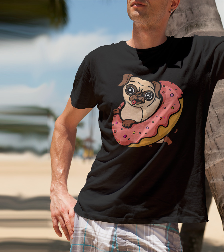 Pug Dog With Pink Frosted Donut Lover T-Shirt
