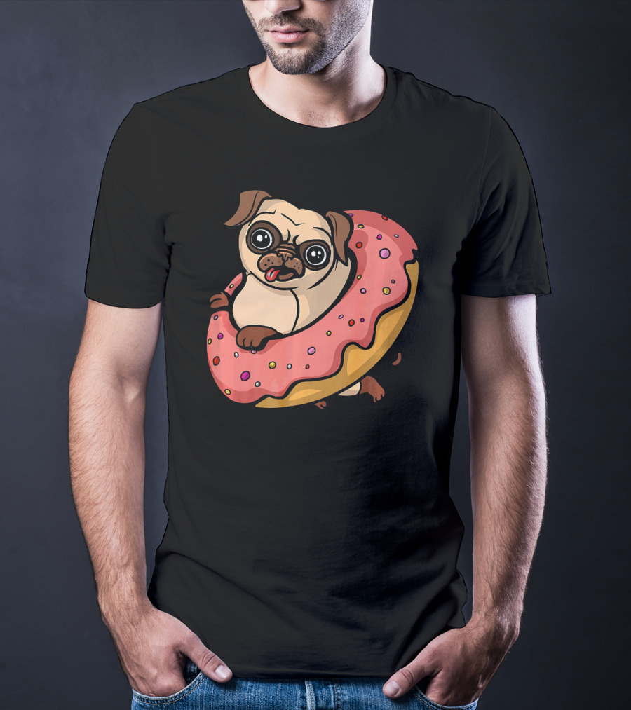 Pug Dog With Pink Frosted Donut Lover T-Shirt