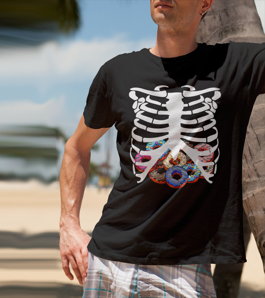 Halloween Skeleton Ribcage With Colorful Donut Food T-Shirt