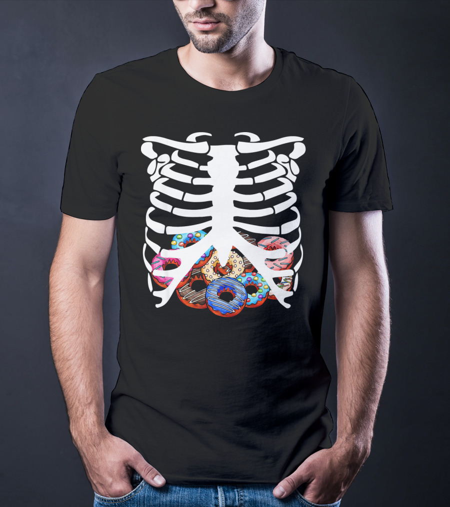 Halloween Skeleton Ribcage With Colorful Donut Food T-Shirt