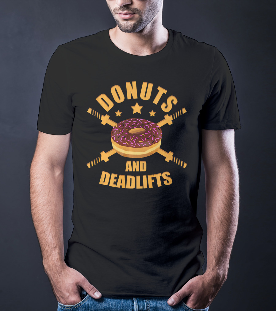 Donuts And Deadlifts Funny Workout Doughnut With Barbell Crossed T-Shirt