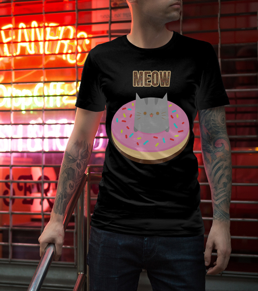 MEOW Adorable Cat Sitting In Colorful Donut T-Shirt