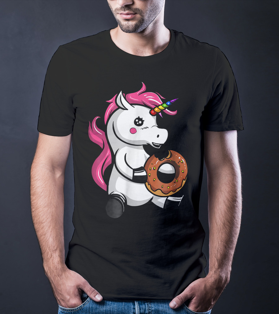 Magical Unicorn With Rainbow Horn Enjoying Chocolate Donut T-Shirt