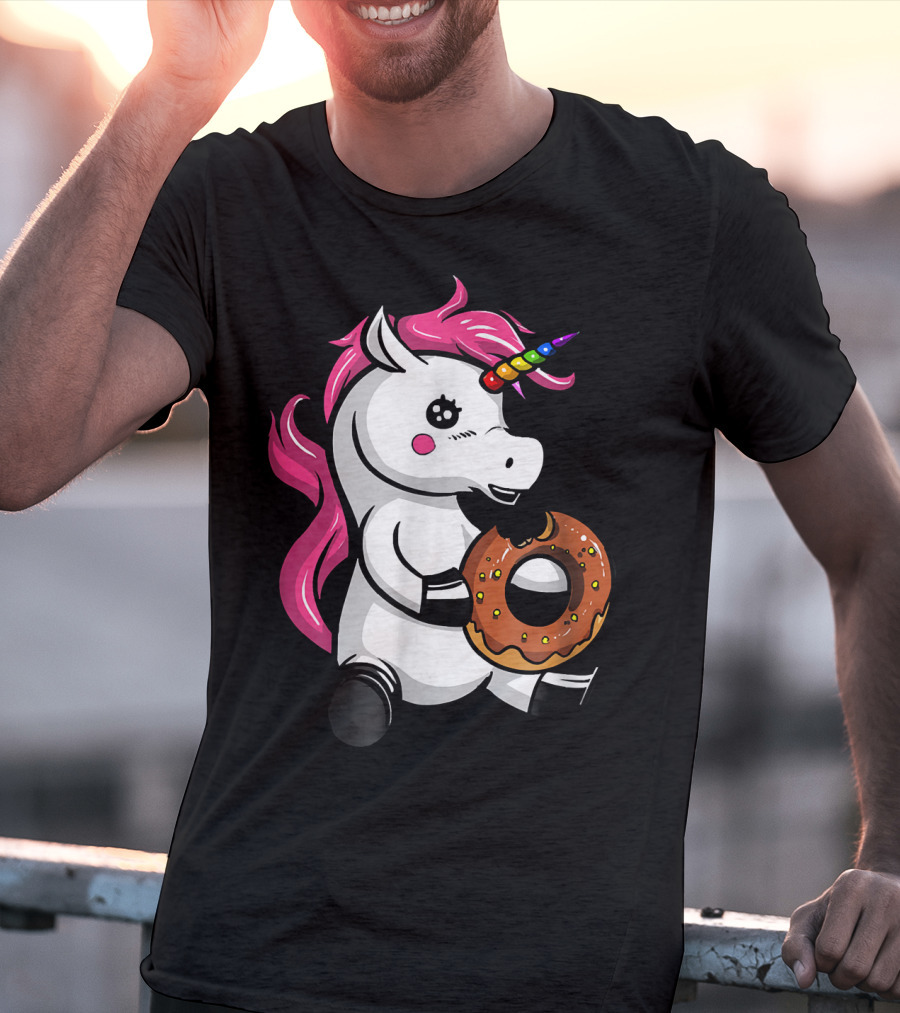 Magical Unicorn With Rainbow Horn Enjoying Chocolate Donut T-Shirt