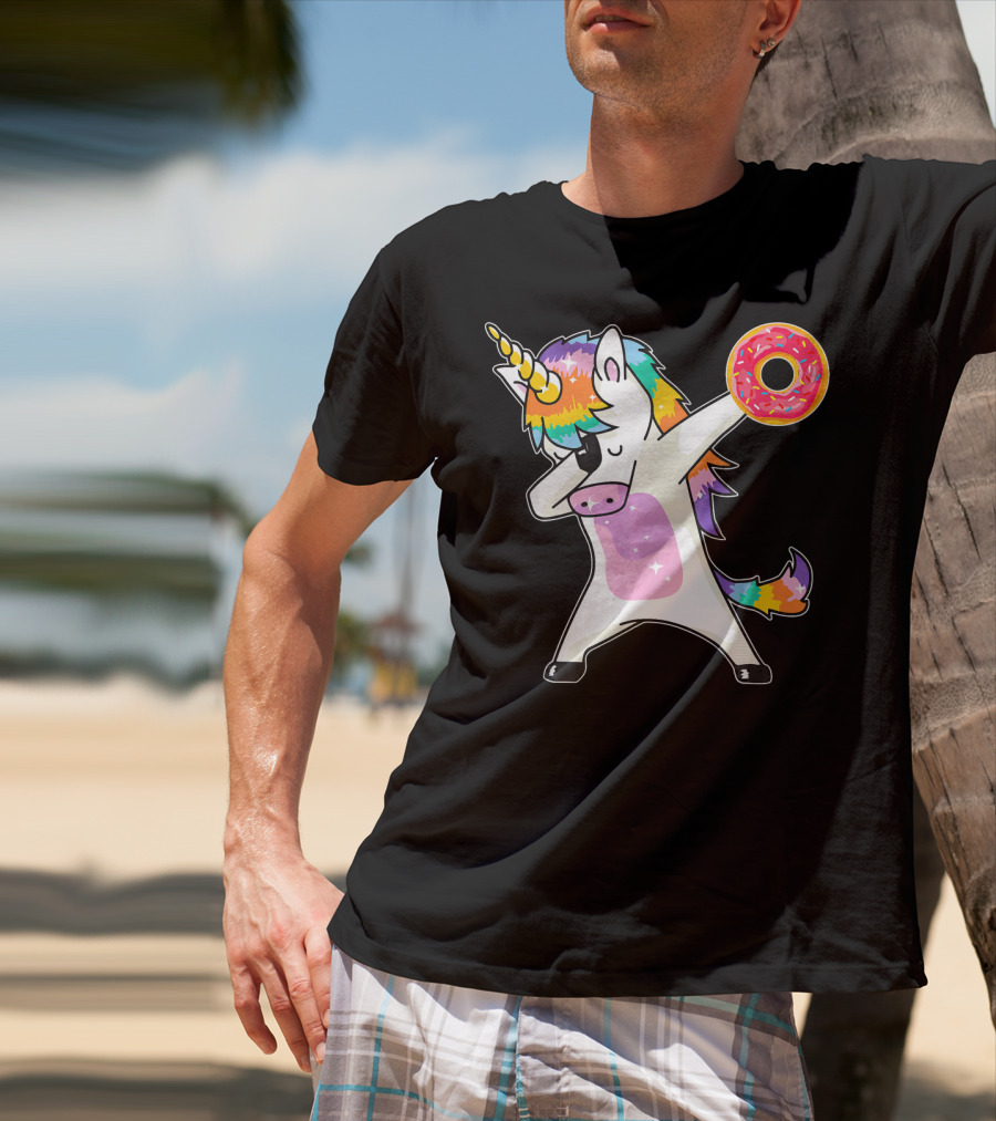 Cute Dabbing Rainbow Unicorn Holding Doughnut Donut T-Shirt