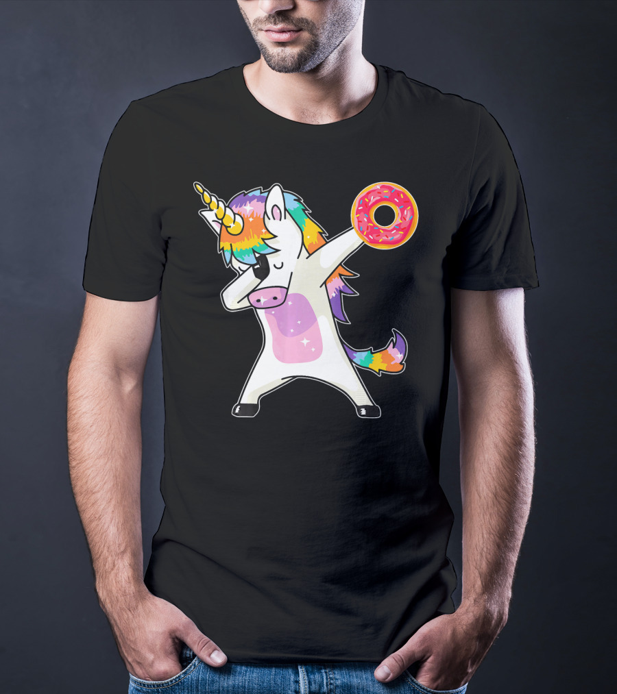 Cute Dabbing Rainbow Unicorn Holding Doughnut Donut T-Shirt