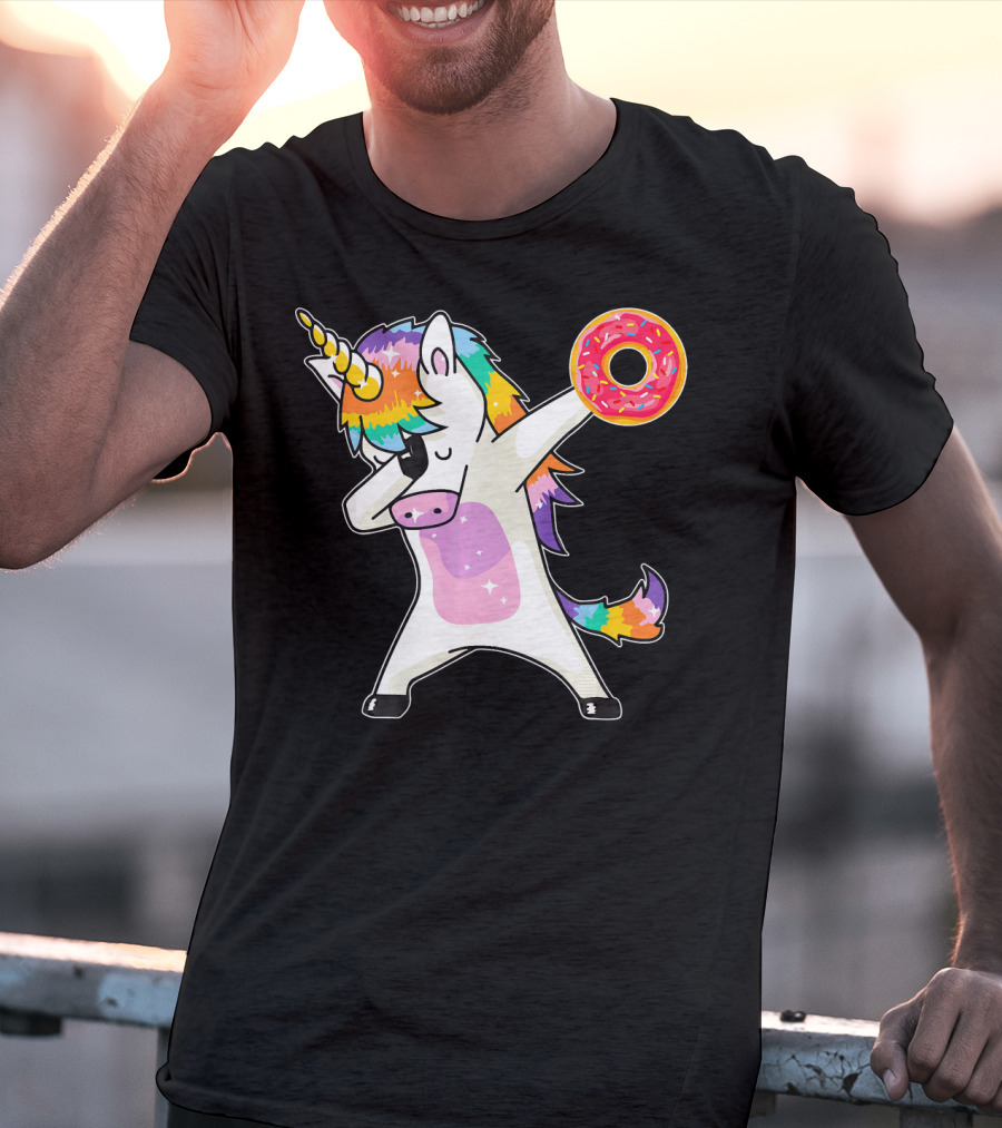 Cute Dabbing Rainbow Unicorn Holding Doughnut Donut T-Shirt