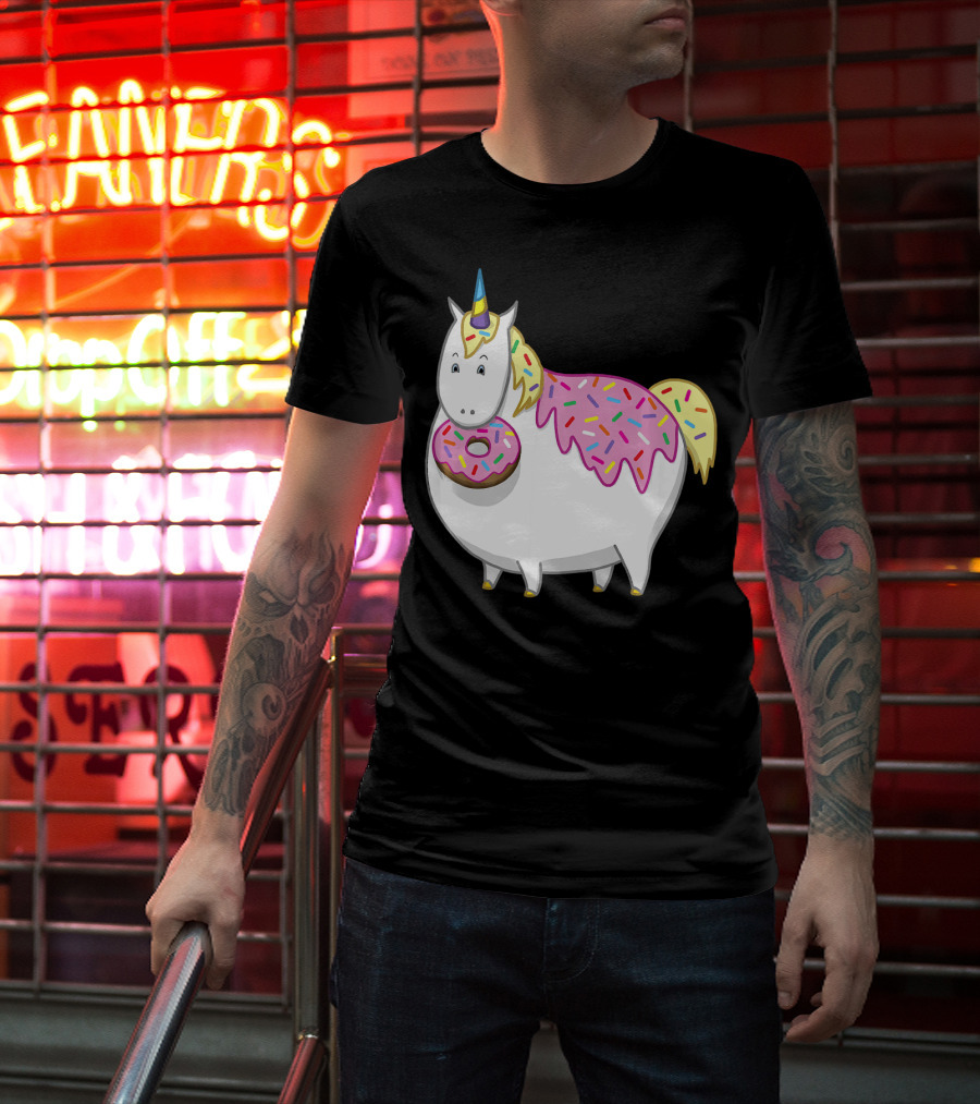 Funny Cute Fat Unicorn With Pink Frosting Doughnut T-Shirt