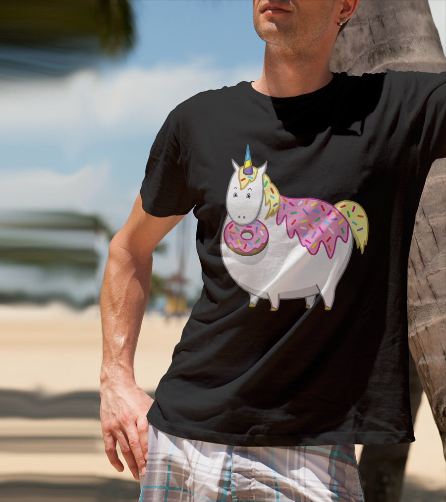 Funny Cute Fat Unicorn With Pink Frosting Doughnut T-Shirt