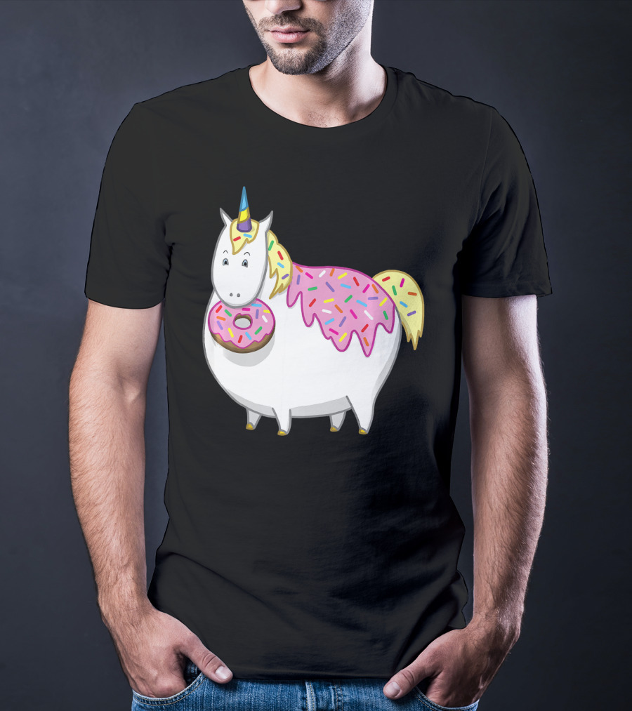 Funny Cute Fat Unicorn With Pink Frosting Doughnut T-Shirt