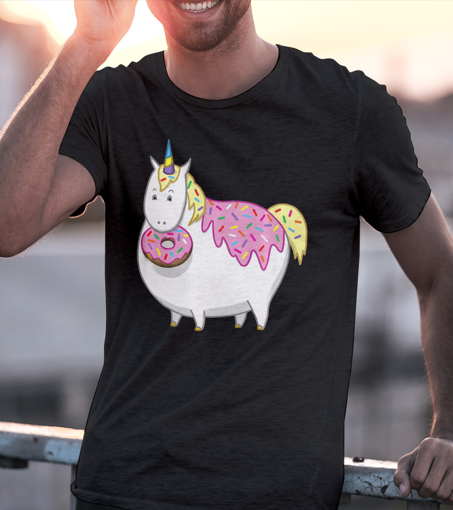 Funny Cute Fat Unicorn With Pink Frosting Doughnut T-Shirt