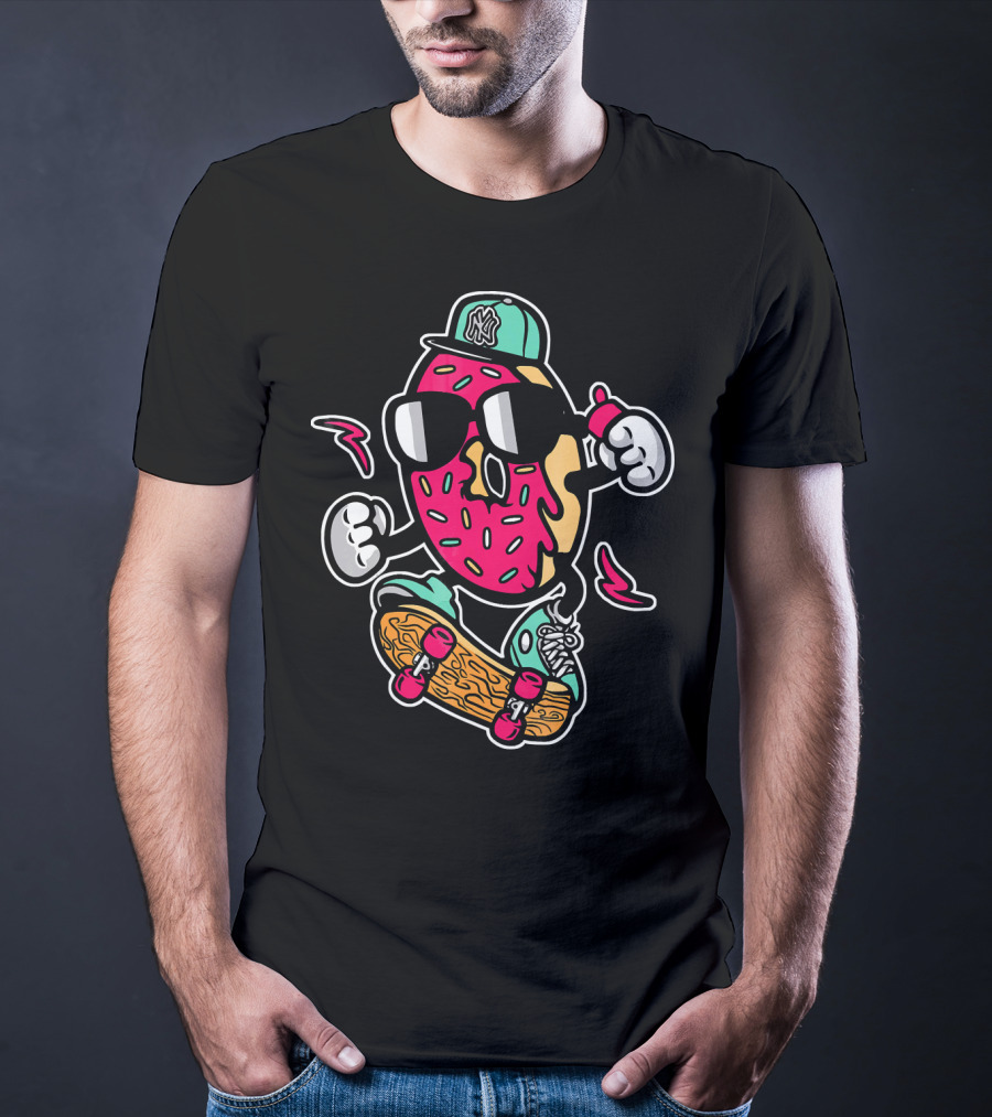 Cute Funny Unique Donut Skateboard Car With NY Hat T-Shirt