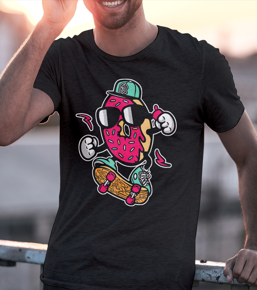 Cute Funny Unique Donut Skateboard Car With NY Hat T-Shirt