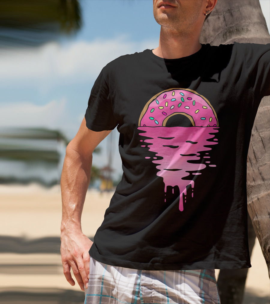 Pink Glazed Donut Melting Into Sunset Horizon T-Shirt