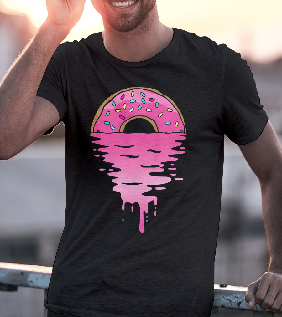 Pink Glazed Donut Melting Into Sunset Horizon T-Shirt