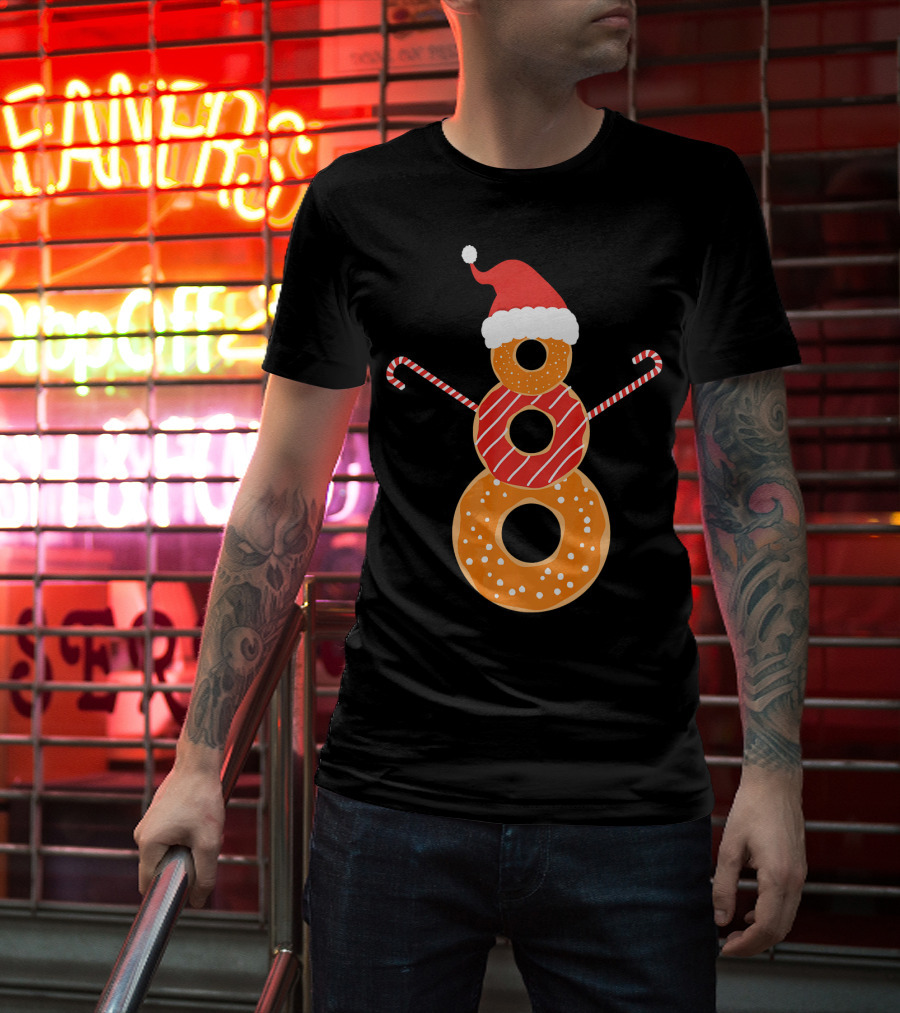 Santa Hat Donuts Doughnut Snowman With Candy Cane Arms T-Shirt