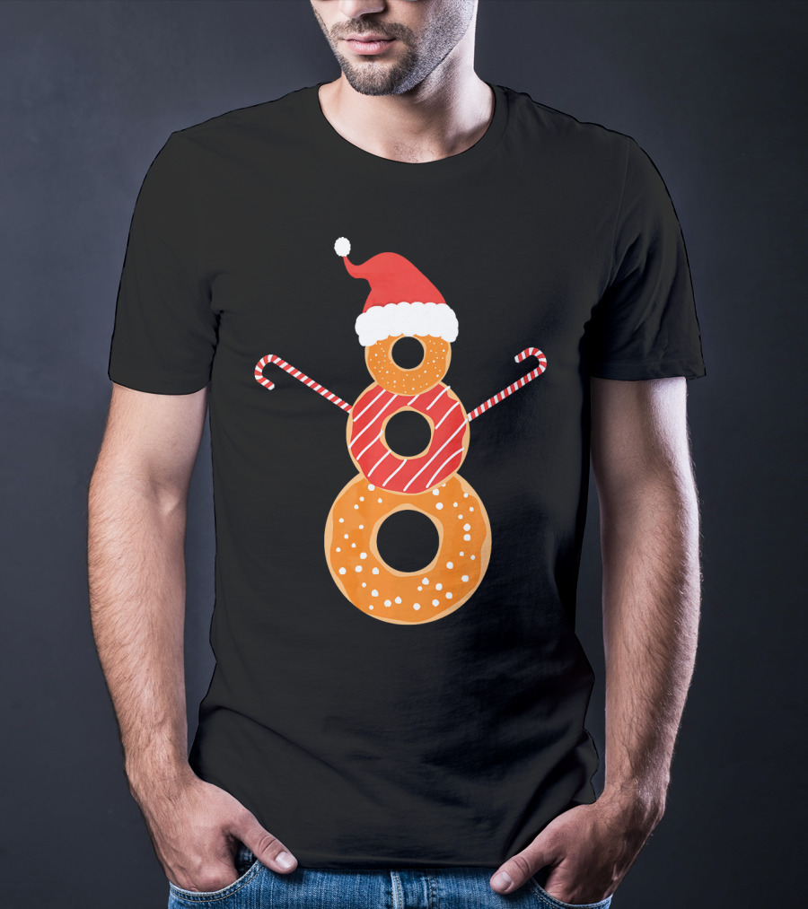 Santa Hat Donuts Doughnut Snowman With Candy Cane Arms T-Shirt