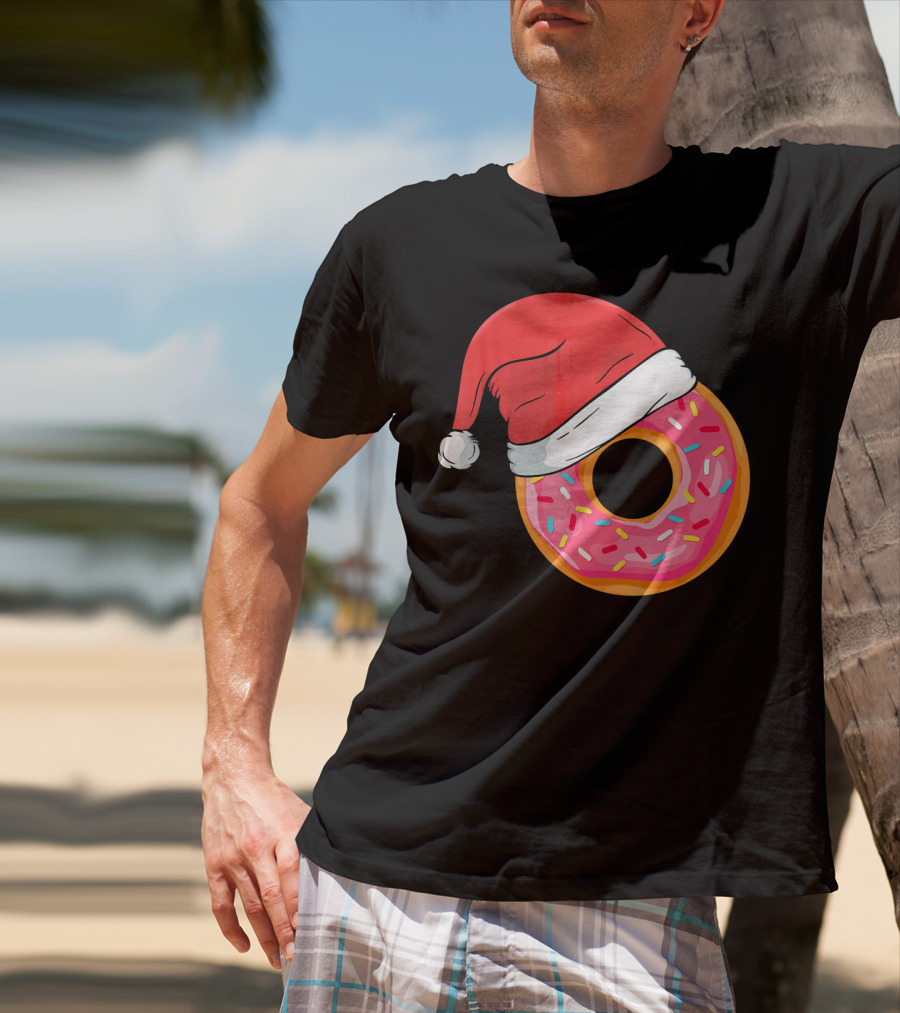 Santa Hat On Sprinkled Donut Holiday Humor T-Shirt