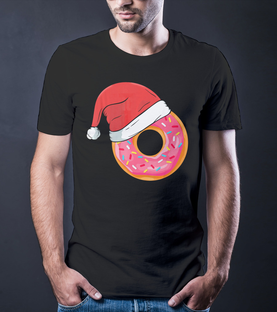 Santa Hat On Sprinkled Donut Holiday Humor T-Shirt