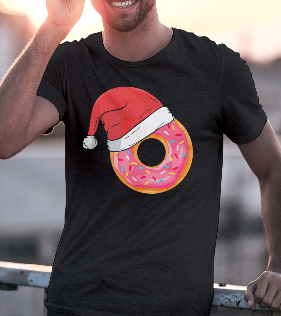 Santa Hat On Sprinkled Donut Holiday Humor T-Shirt