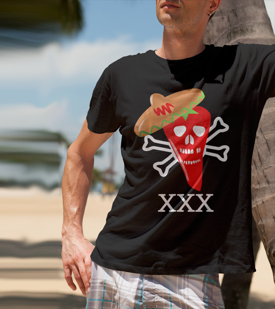 Funny Red Hot Chili Pepper Sombrero Skull Crossbones XXX T-Shirt