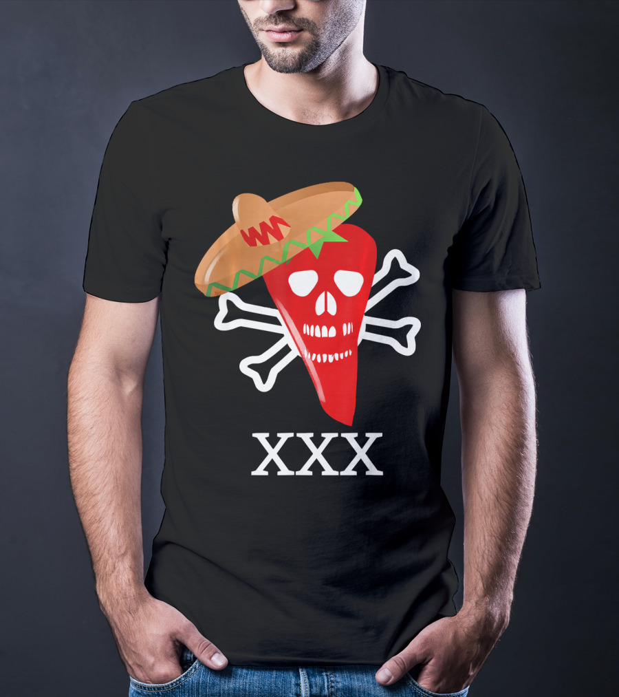 Funny Red Hot Chili Pepper Sombrero Skull Crossbones XXX T-Shirt
