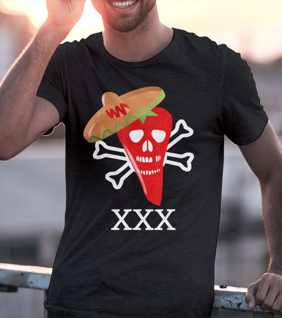 Funny Red Hot Chili Pepper Sombrero Skull Crossbones XXX T-Shirt