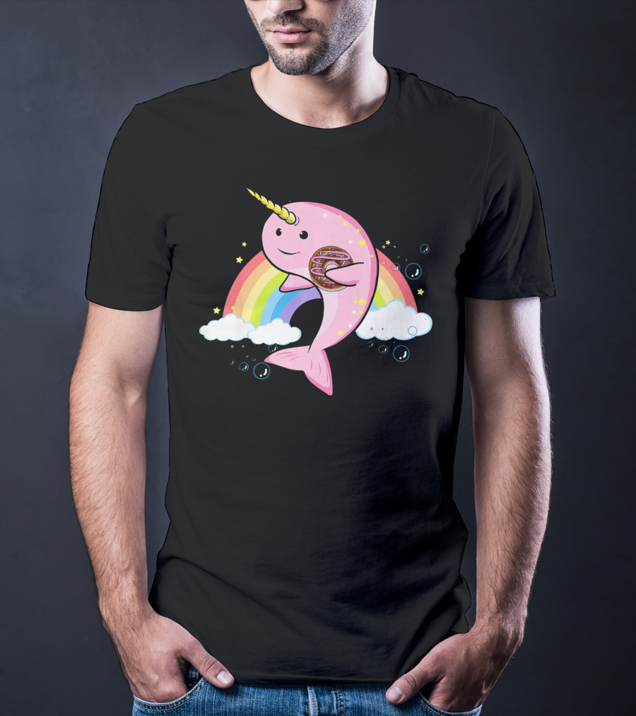 Funny Narwhal Unicorn Of The Sea With Donut On Rainbow Cloud T-Shirt