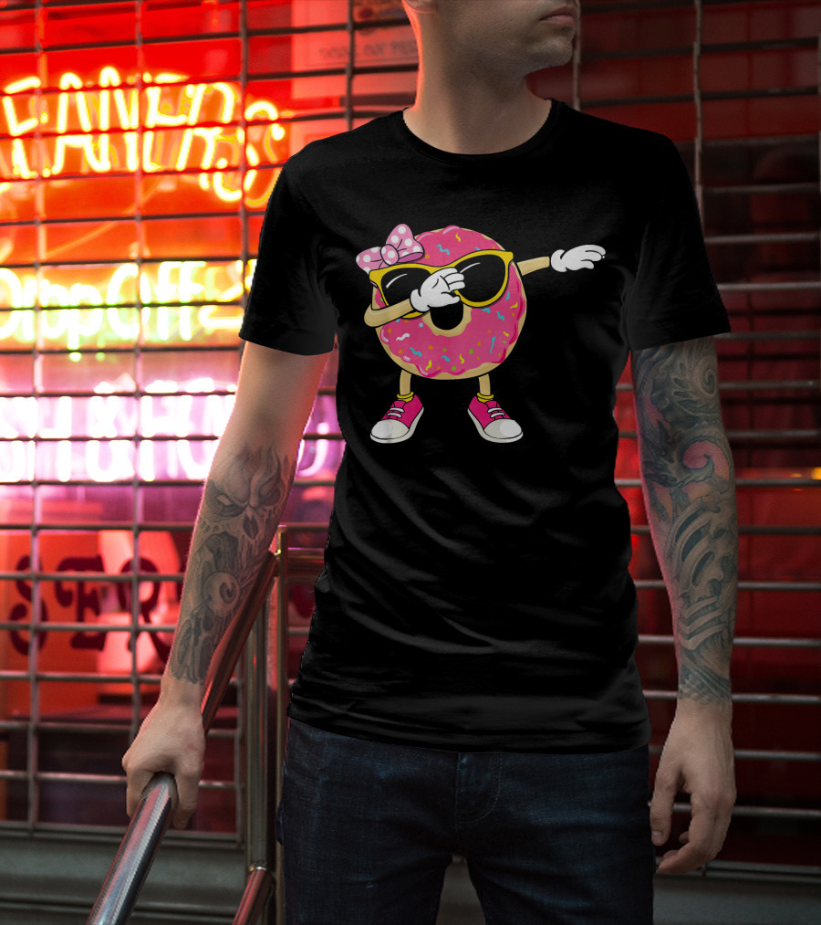 Dabbing Donut With Pink Frosting Sunglasses And Bow T-Shirt