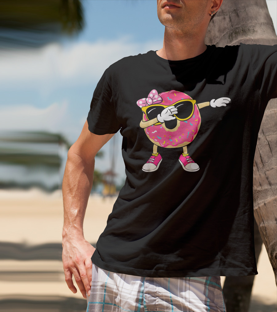 Dabbing Donut With Pink Frosting Sunglasses And Bow T-Shirt