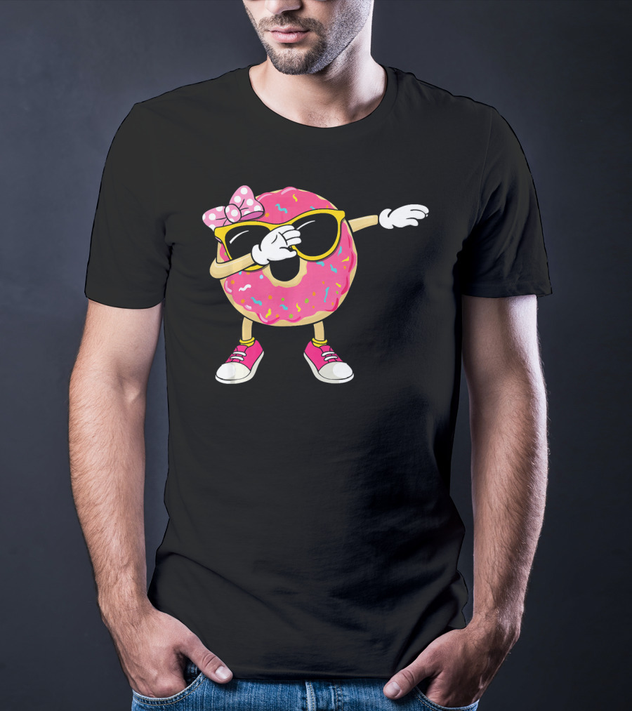 Dabbing Donut With Pink Frosting Sunglasses And Bow T-Shirt