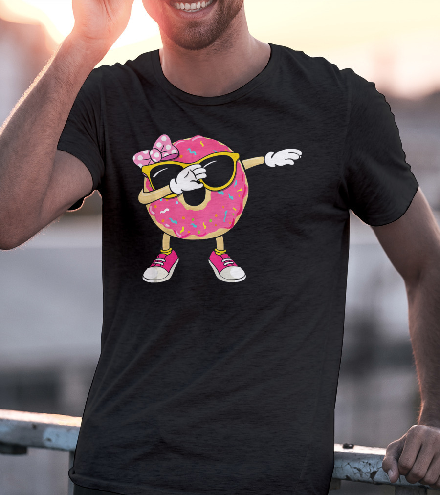 Dabbing Donut With Pink Frosting Sunglasses And Bow T-Shirt