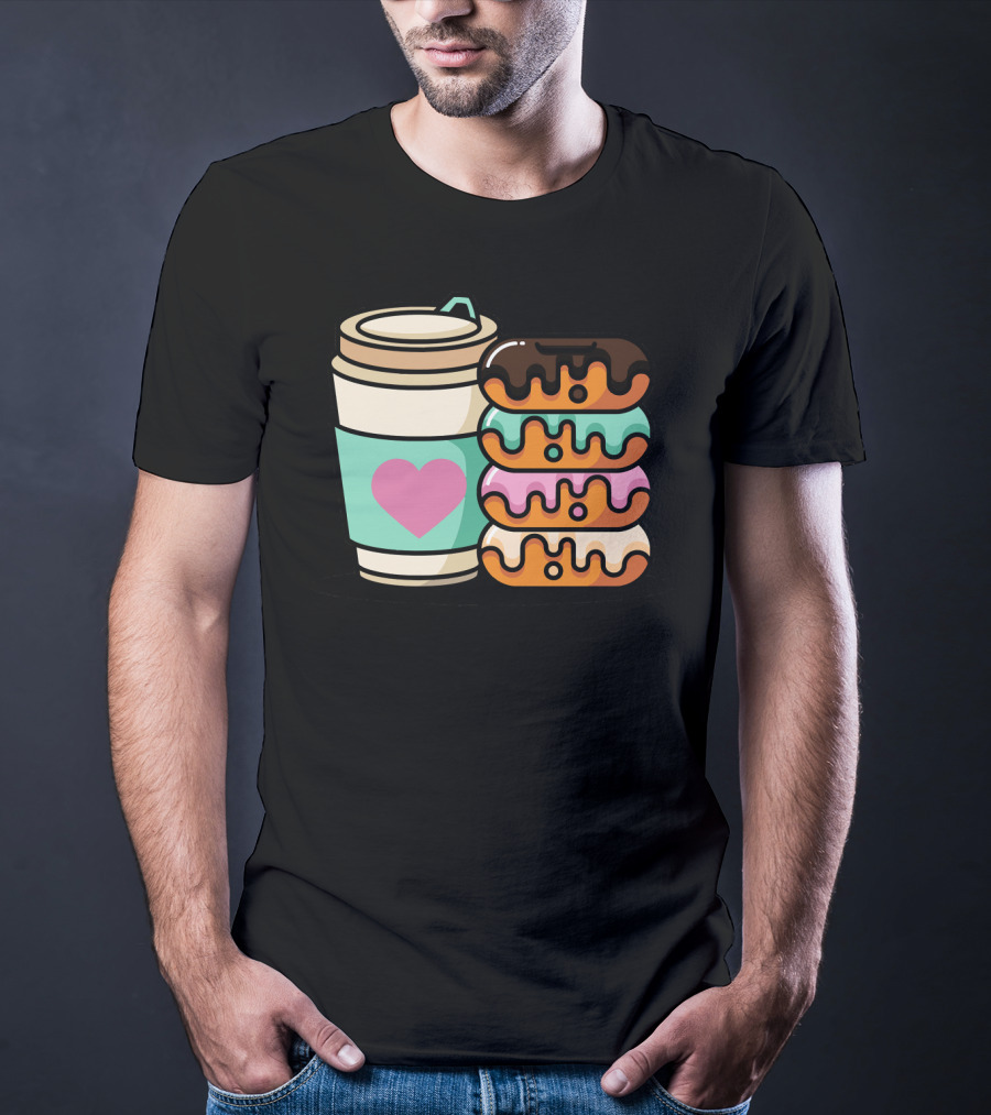 Coffee Donut Lover Heart Stack Doughnut T-Shirt
