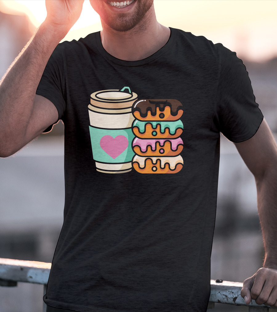 Coffee Donut Lover Heart Stack Doughnut T-Shirt