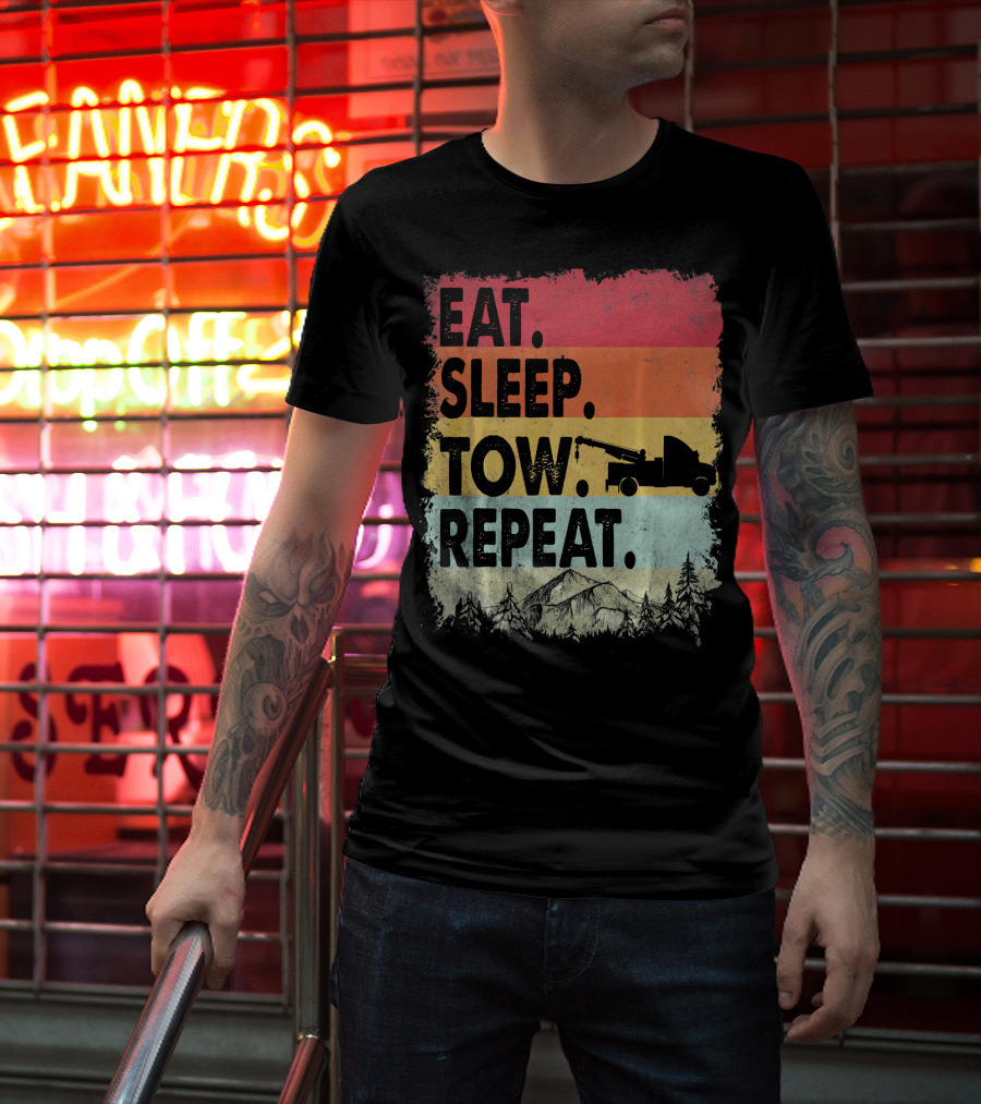 Eat Sleep Tow Repeat Funny Tow Truck Vintage Sunset Mountains Forest T-Shirt