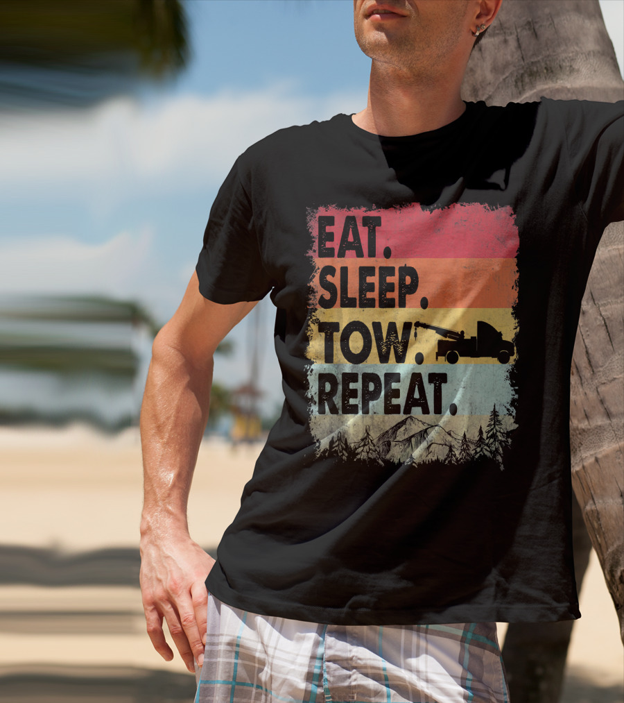 Eat Sleep Tow Repeat Funny Tow Truck Vintage Sunset Mountains Forest T-Shirt