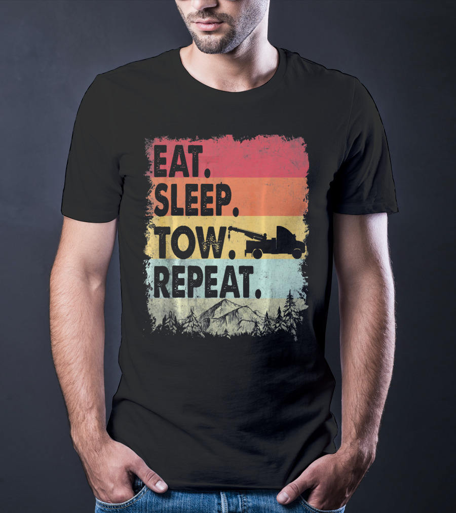 Eat Sleep Tow Repeat Funny Tow Truck Vintage Sunset Mountains Forest T-Shirt