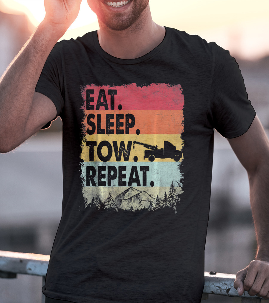 Eat Sleep Tow Repeat Funny Tow Truck Vintage Sunset Mountains Forest T-Shirt