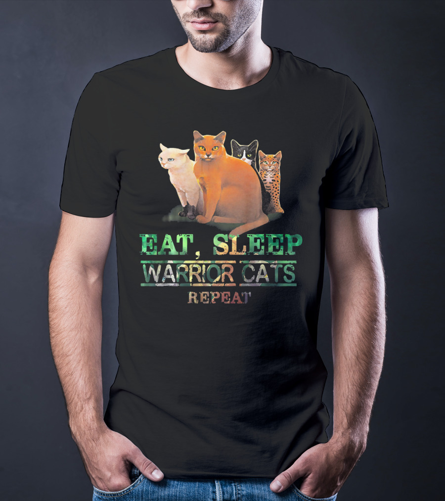 Eat Sleep Warrior Cats Repeat Funny Cat Illustration With Four Colorful Feline Characters T-Shirt