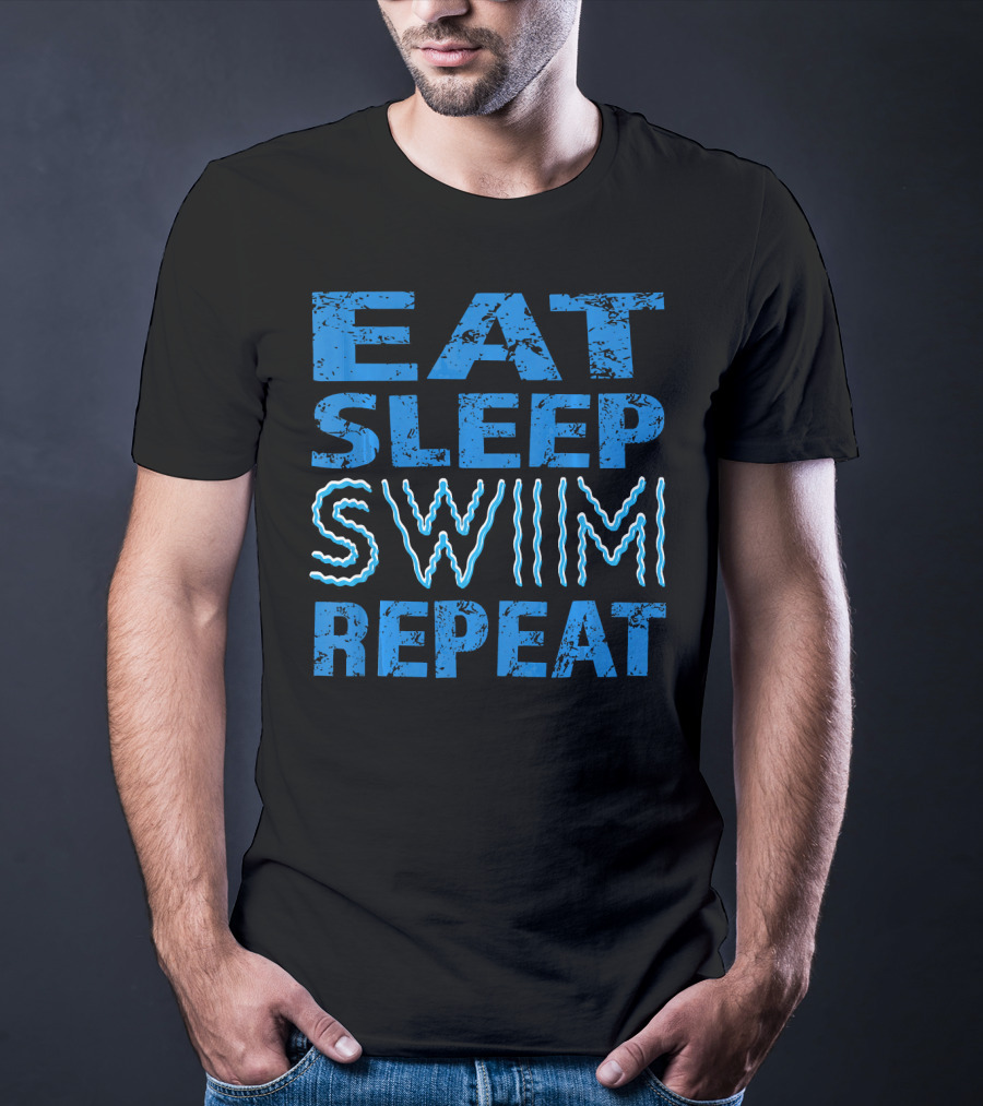 Eat Sleep Swim Repeat Wavy Text Blue T-Shirt