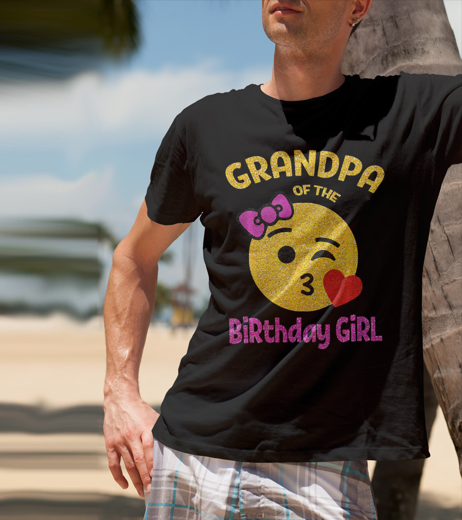 Grandpa Of The Birthday Girl Glitter Emoji Pink Bow Heart Kiss T-Shirt