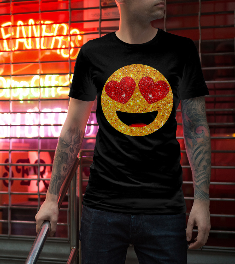 Valentines Day Heart Eyes Emoji Glittering Love Face T-Shirt