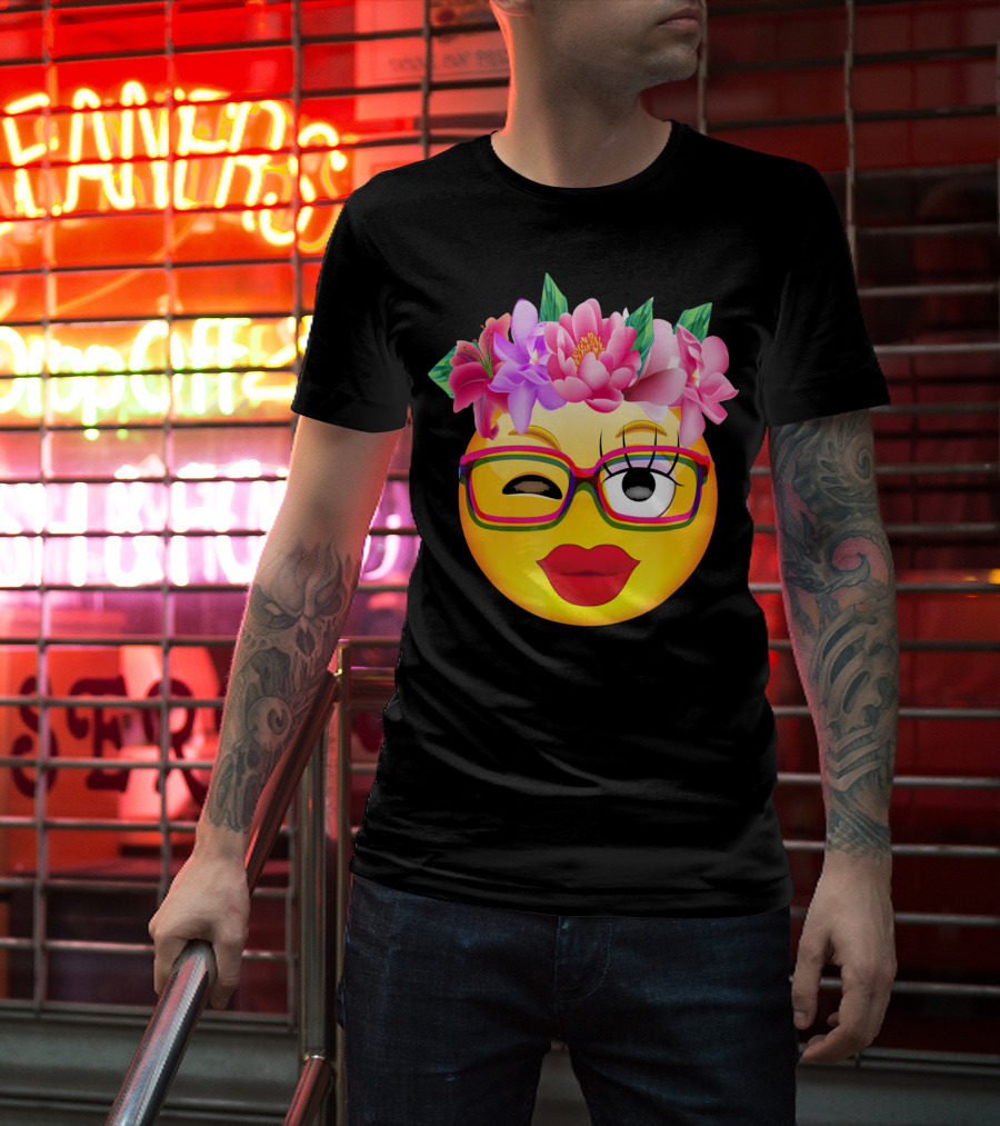 Emoji Face Smiley Emoticon Nerd Winking Glasses And Flower Crown T-Shirt