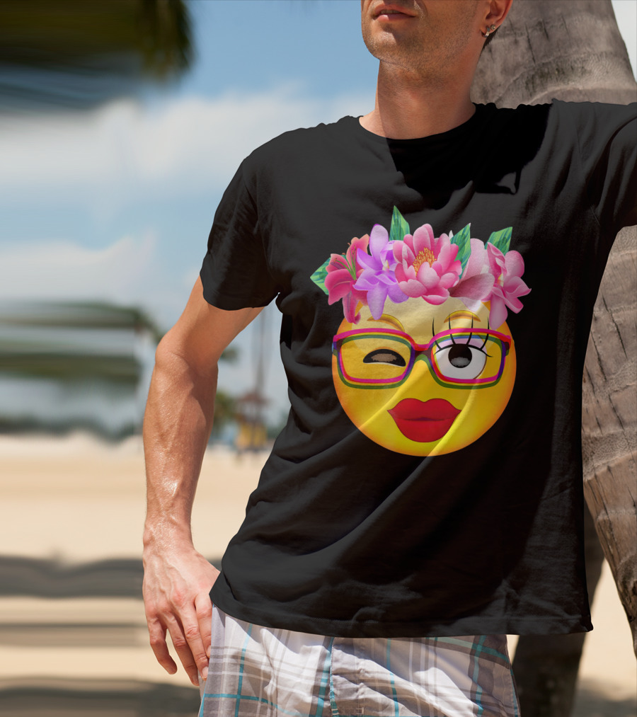 Emoji Face Smiley Emoticon Nerd Winking Glasses And Flower Crown T-Shirt
