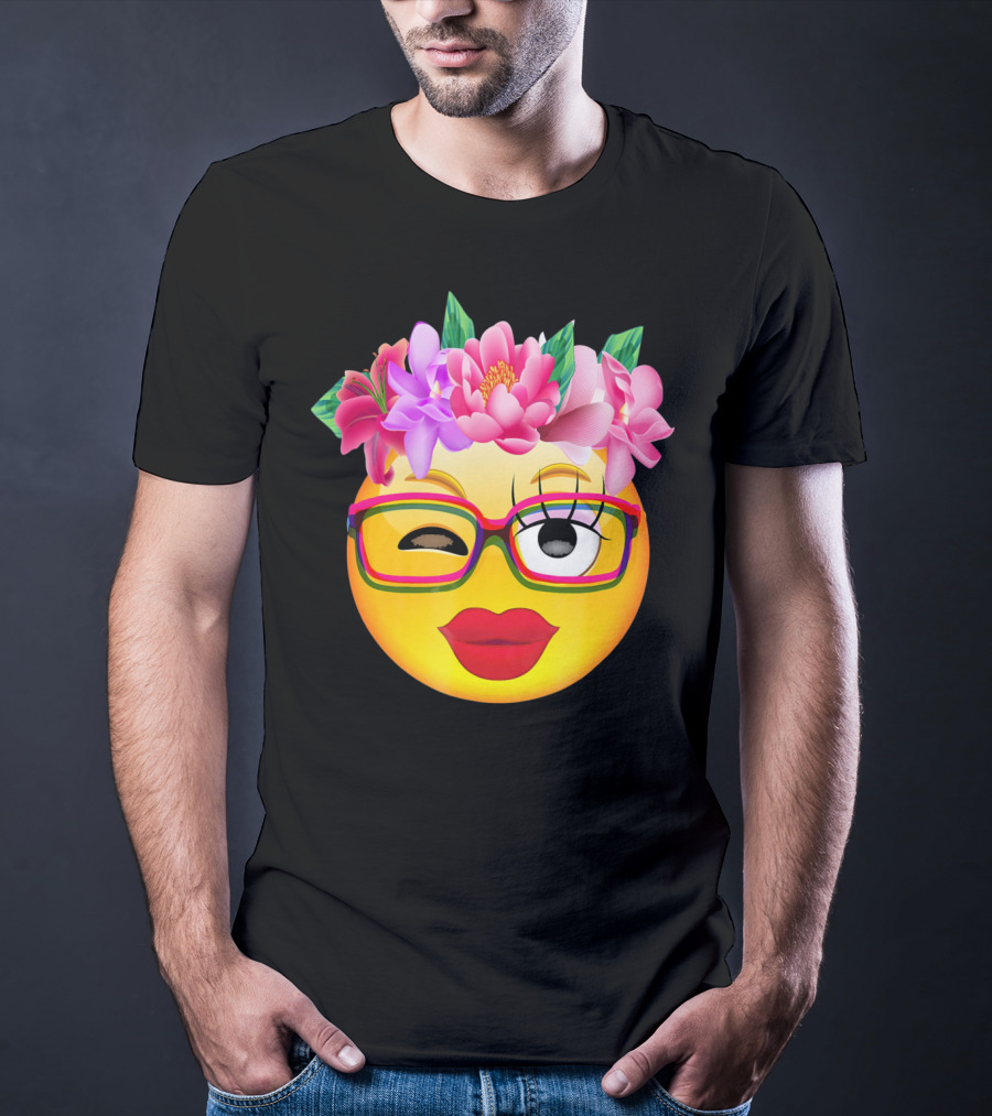 Emoji Face Smiley Emoticon Nerd Winking Glasses And Flower Crown T-Shirt